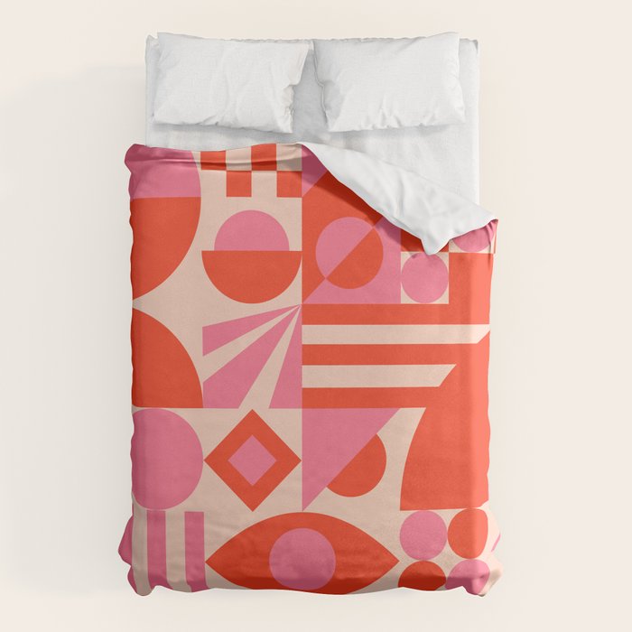 Bauhaus Mid Century Abstract Shapes red and pink Duvet Cover Gallery Image 1