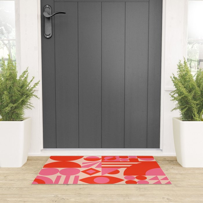 Bauhaus Mid Century Abstract Shapes red and pink Welcome Mat Gallery Image 3