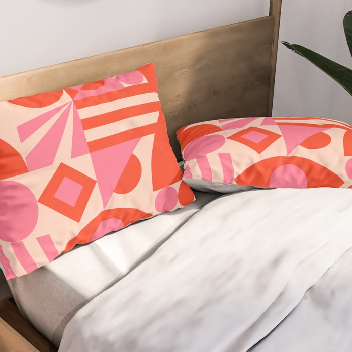 Bauhaus Mid Century Abstract Shapes red and pink Pillow Sham Gallery Image 2
