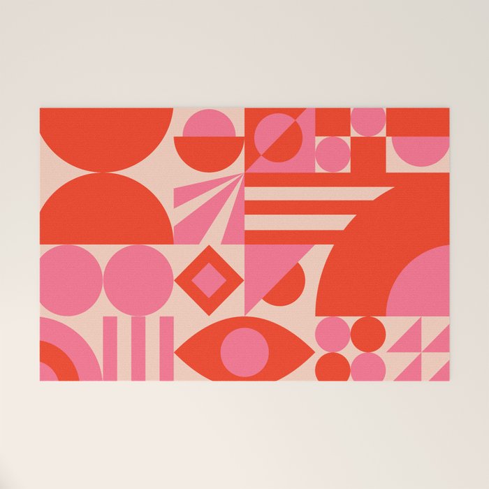 Bauhaus Mid Century Abstract Shapes red and pink Welcome Mat Gallery Image 1