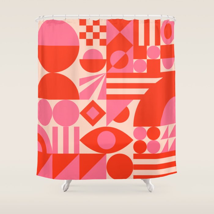 Bauhaus Mid Century Abstract Shapes red and pink Shower Curtain Gallery Image 1