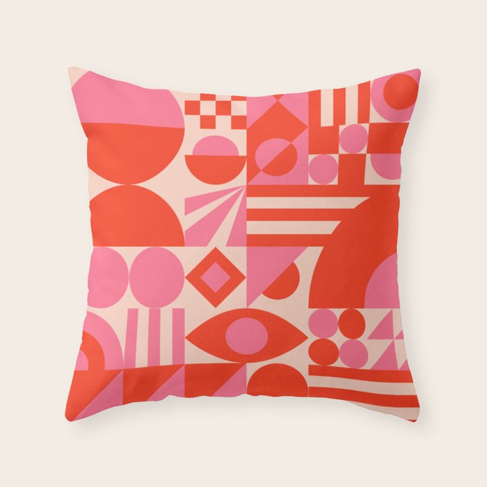Bauhaus Mid Century Abstract Shapes red and pink Throw Pillow Gallery Image 6