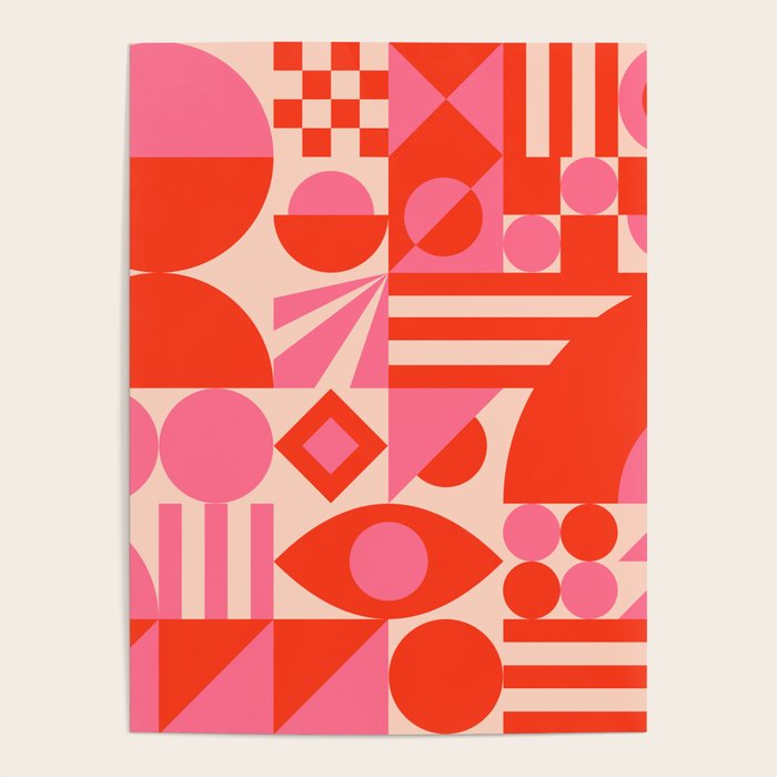 Bauhaus Mid Century Abstract Shapes red and pink Poster Gallery Image 4