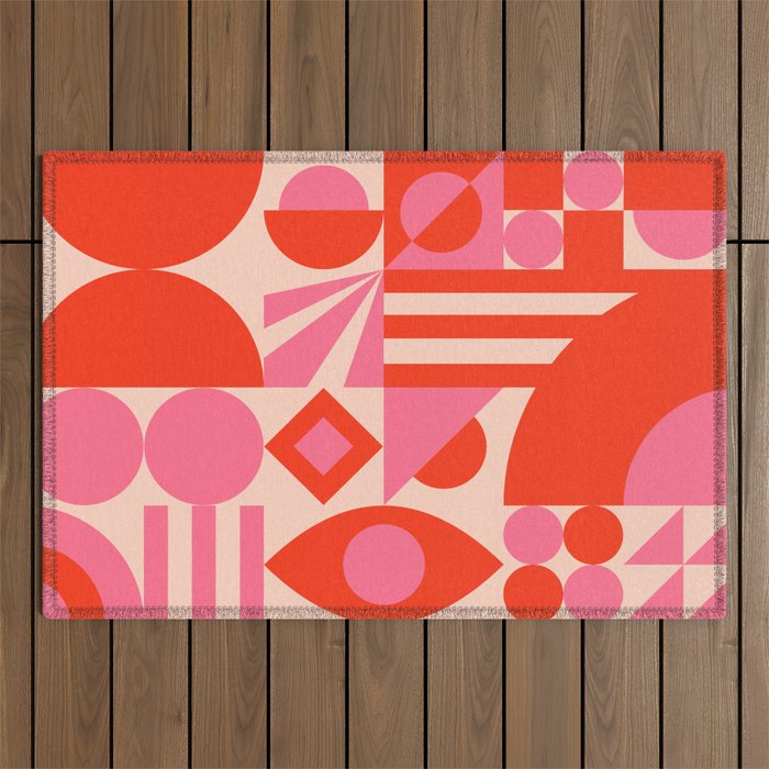 Bauhaus Mid Century Abstract Shapes red and pink Outdoor Rug Gallery Image 1