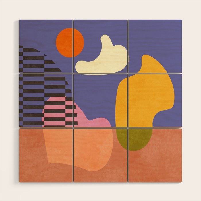 minimal shapes modern with cloud and sun Wood Wall Art Gallery Image 1