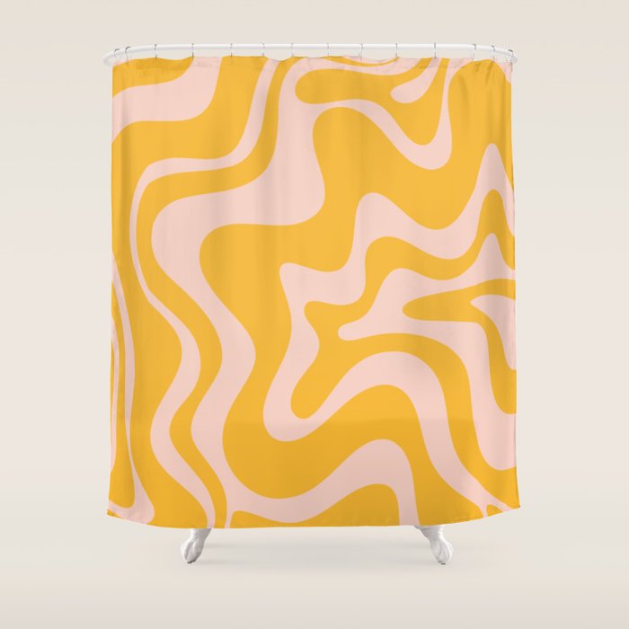 Liquid Swirl Retro Abstract Pattern in Mustard Orange and Light Blush Pink Shower Curtain Gallery Image 1