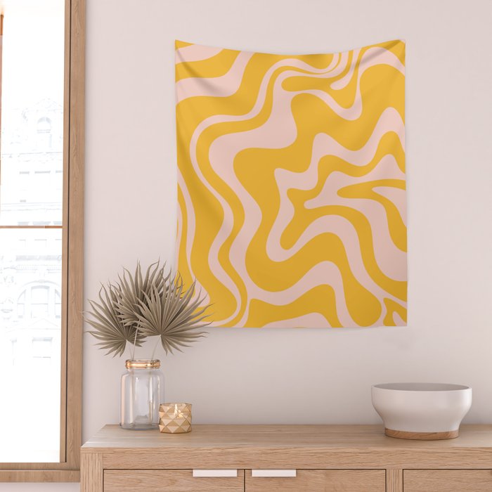 Liquid Swirl Retro Abstract Pattern in Mustard Orange and Light Blush Pink Wall Tapestry Gallery Image 2