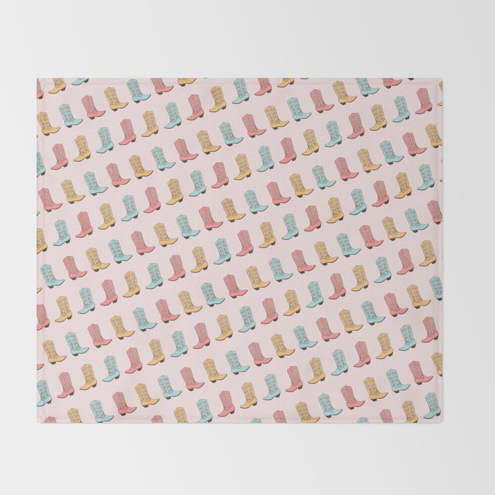 Cowgirl Boots and Daisies, Blush Pink, Mint, Cute Pastel Cowboy Pattern Throw Blanket Gallery Image 2