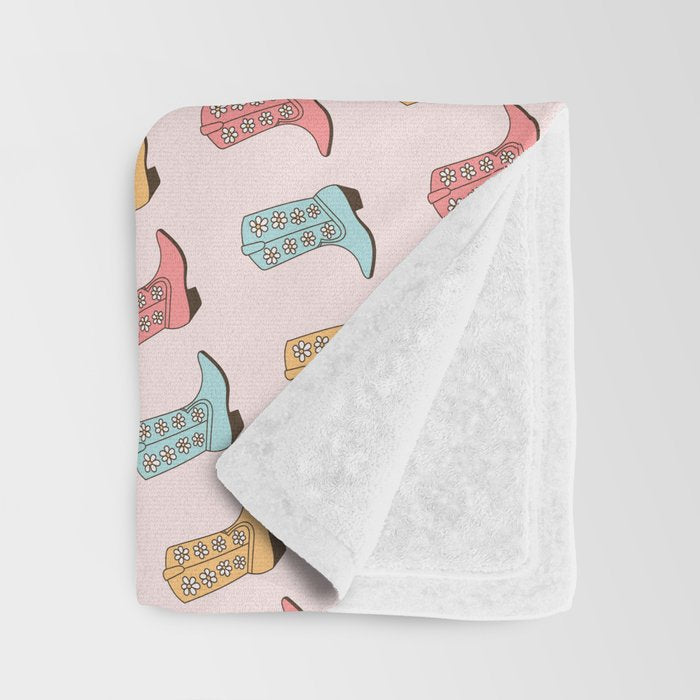 Cowgirl Boots and Daisies, Blush Pink, Mint, Cute Pastel Cowboy Pattern Throw Blanket Gallery Image 3