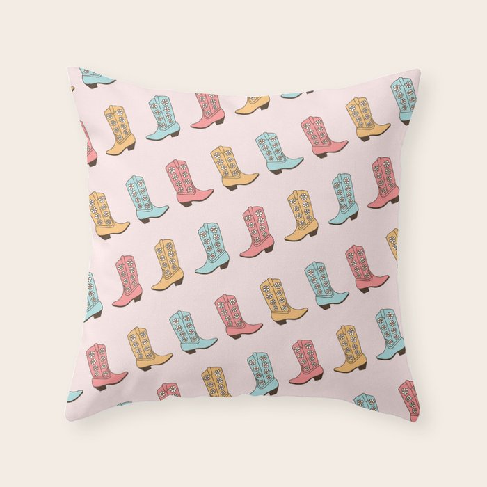 Cowgirl Boots and Daisies, Blush Pink, Mint, Cute Pastel Cowboy Pattern Throw Pillow Gallery Image 6