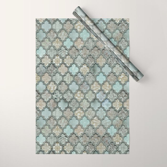 Old Moroccan Tiles Pattern Teal Beige Distressed Style Wrapping Paper Gallery Image 1