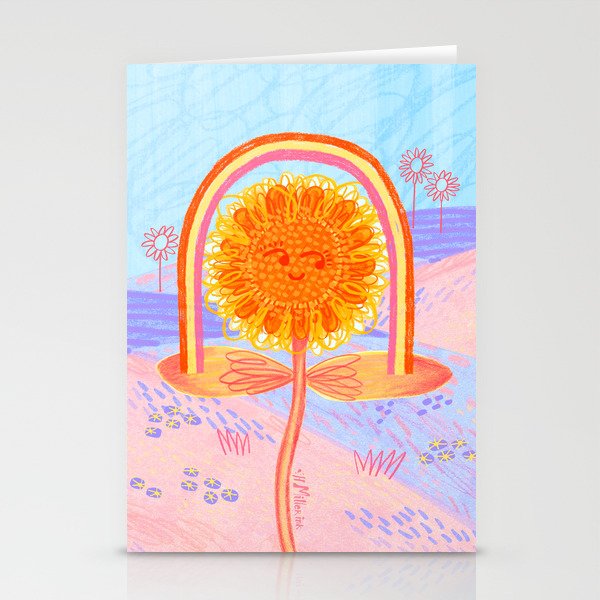 Retro Sunflower & Rainbow in Blue & Pink Stationery Card Gallery Image 2
