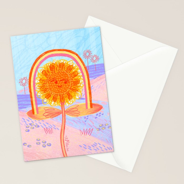 Retro Sunflower & Rainbow in Blue & Pink Stationery Card Gallery Image 2