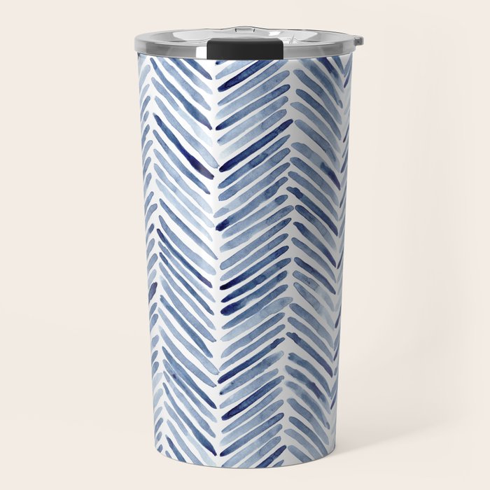 Indigo herringbone - watercolor blue chevron Travel Mug Gallery Image 1