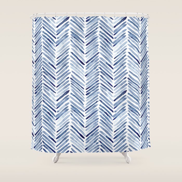 Indigo herringbone - watercolor blue chevron Shower Curtain Gallery Image 1
