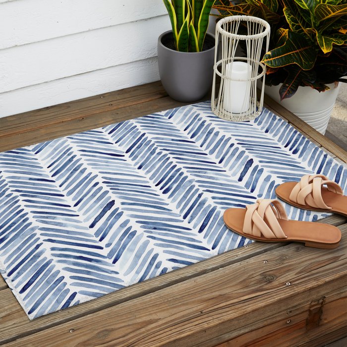 Indigo herringbone - watercolor blue chevron Outdoor Rug Gallery Image 2