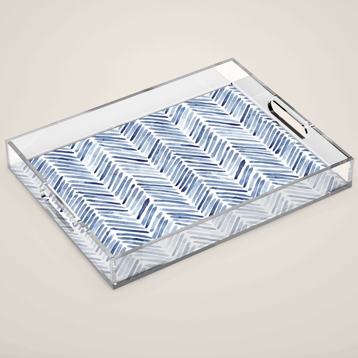 Indigo herringbone - watercolor blue chevron Acrylic Tray Gallery Image 1