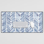 Indigo herringbone - watercolor blue chevron Desk Mat Gallery Image 1