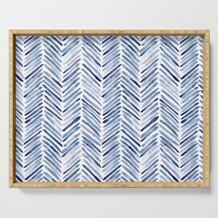 Indigo herringbone - watercolor blue chevron Serving Tray Gallery Image 1