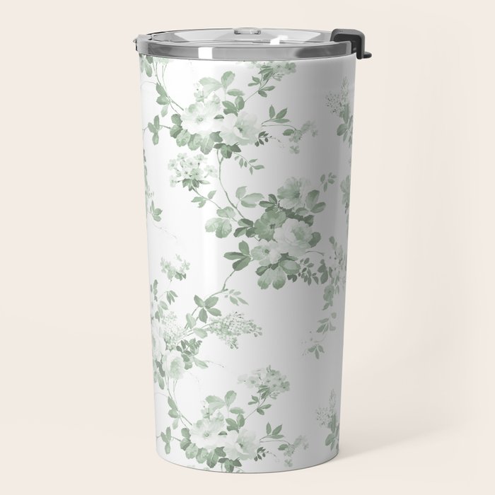 Elegant vintage green white roses shabby floral Travel Mug Gallery Image 2