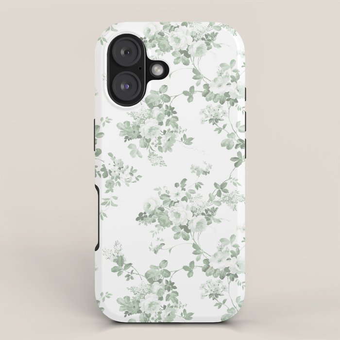 Elegant vintage green white roses shabby floral iPhone Case Gallery Image 1