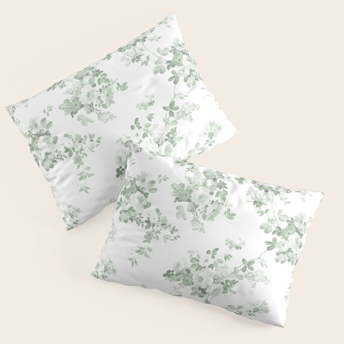 Elegant vintage green white roses shabby floral Pillow Sham Gallery Image 1