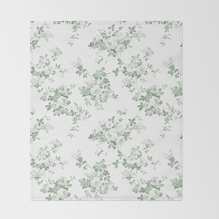 Elegant vintage green white roses shabby floral Throw Blanket Gallery Image 2