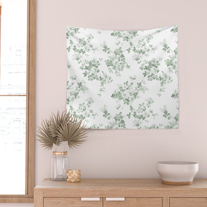 Elegant vintage green white roses shabby floral Wall Tapestry Gallery Image 2