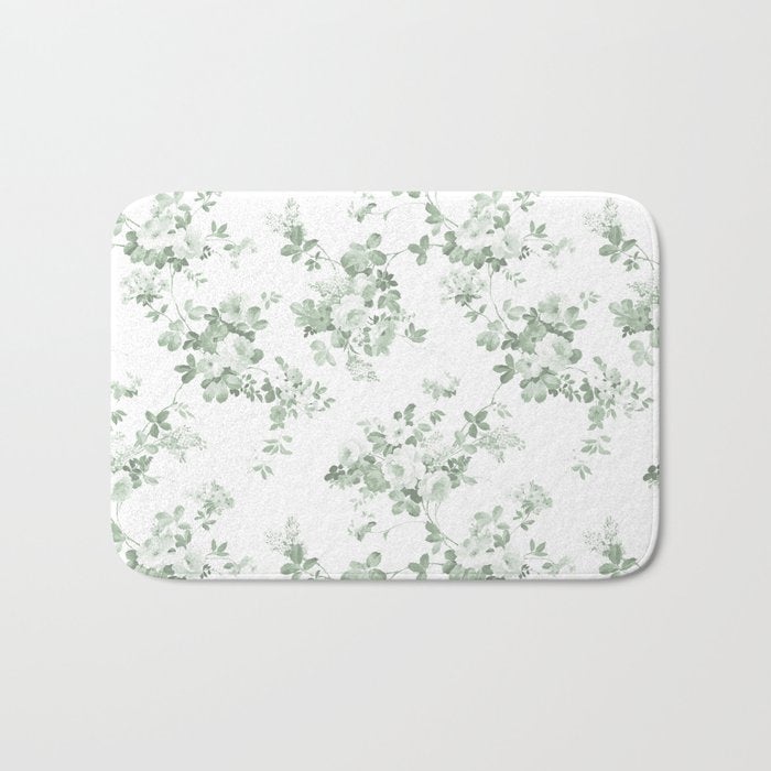 Elegant vintage green white roses shabby floral Bath Mat Gallery Image 1