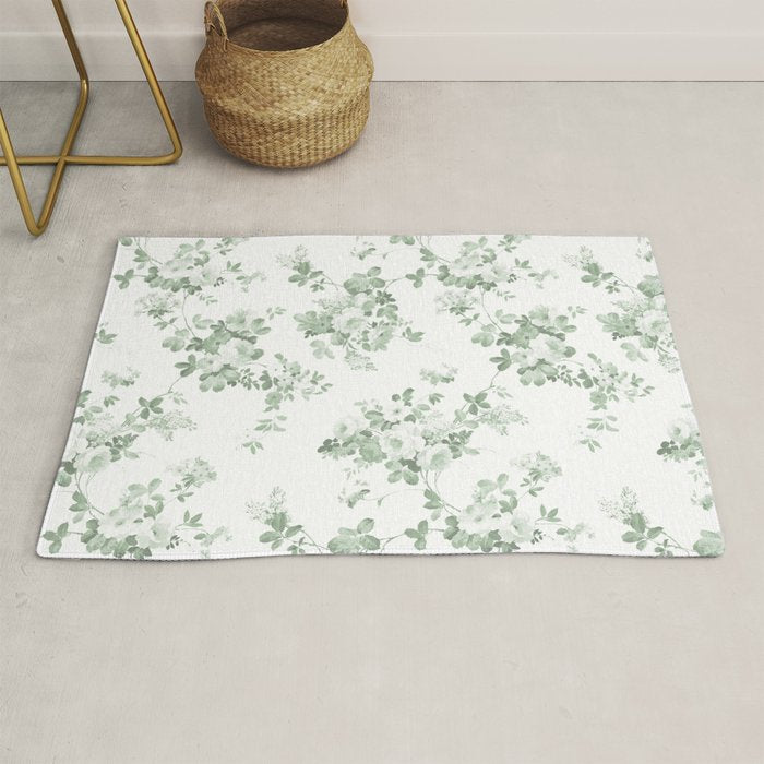 Elegant vintage green white roses shabby floral Rug Gallery Image 1