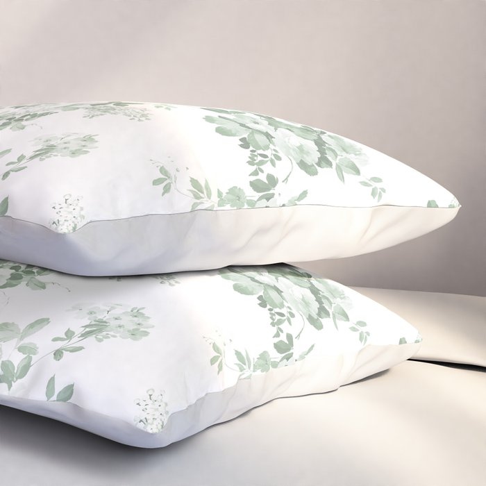 Elegant vintage green white roses shabby floral Pillow Sham Gallery Image 3