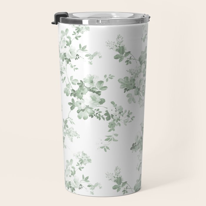 Elegant vintage green white roses shabby floral Travel Mug Gallery Image 3