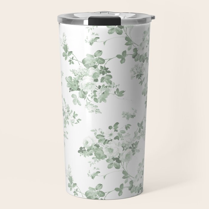 Elegant vintage green white roses shabby floral Travel Mug Gallery Image 1