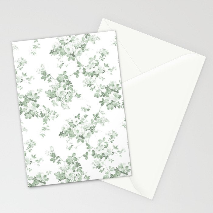 Elegant vintage green white roses shabby floral Stationery Card Gallery Image 2