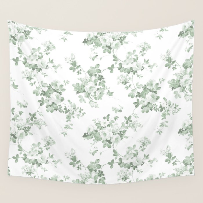 Elegant vintage green white roses shabby floral Wall Tapestry Gallery Image 4