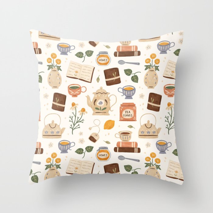 Gouache Books and Tea Throw Pillow Gallery Image 1