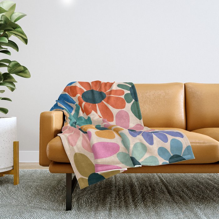 Retro Fun Floral - Rainbow color Throw Blanket Gallery Image 1
