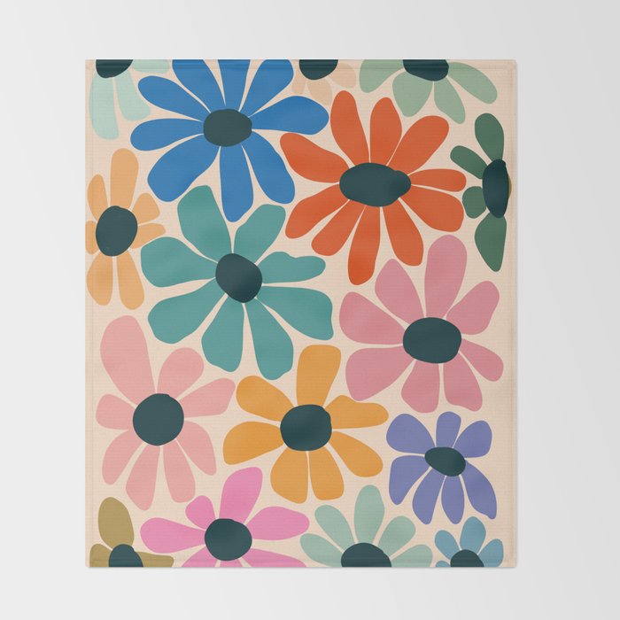 Retro Fun Floral - Rainbow color Throw Blanket Gallery Image 2