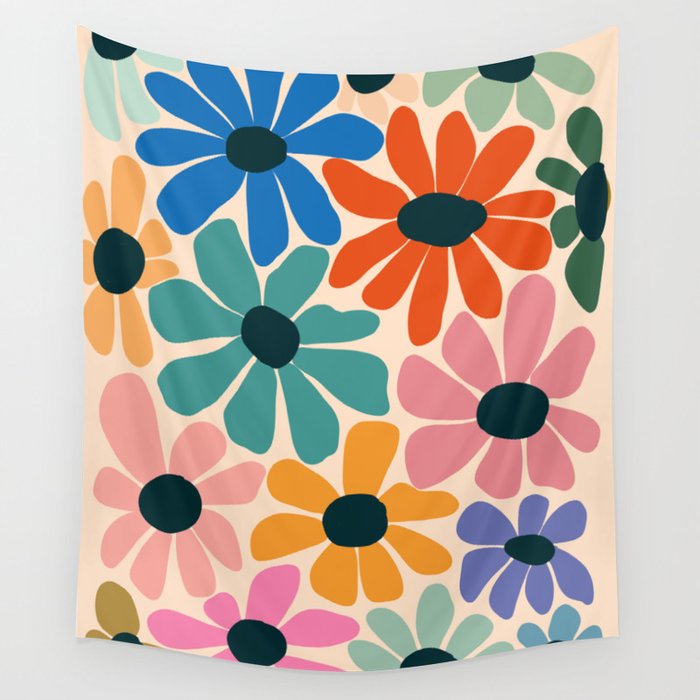 Retro Fun Floral - Rainbow color Wall Tapestry Gallery Image 1