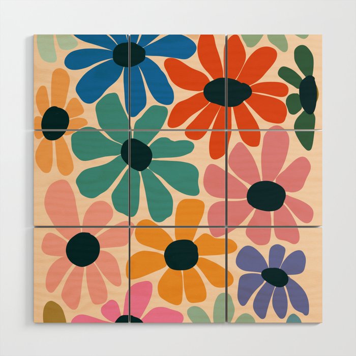 Retro Fun Floral - Rainbow color Wood Wall Art Gallery Image 1