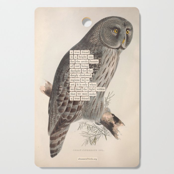 Bird Divinations: Great Cinereous Owl (about: almanacofbirds.org) Cutting Board Gallery Image 1