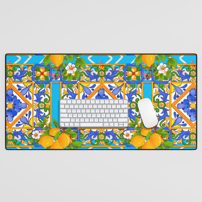 Summer ,Sicilian tiles ,citrus,lemons Mediterranean Pattern  Desk Mat Gallery Image 1