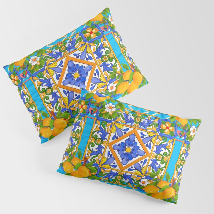 Summer ,Sicilian tiles ,citrus,lemons Mediterranean Pattern  Pillow Sham Gallery Image 3