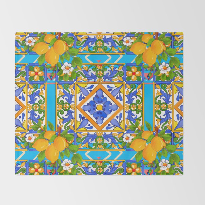 Summer ,Sicilian tiles ,citrus,lemons Mediterranean Pattern  Throw Blanket Gallery Image 2