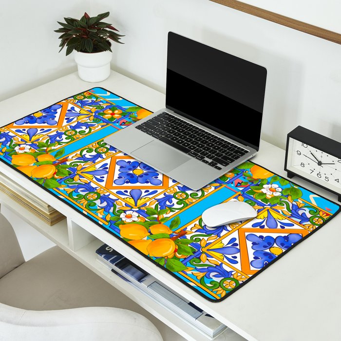 Summer ,Sicilian tiles ,citrus,lemons Mediterranean Pattern  Desk Mat Gallery Image 2