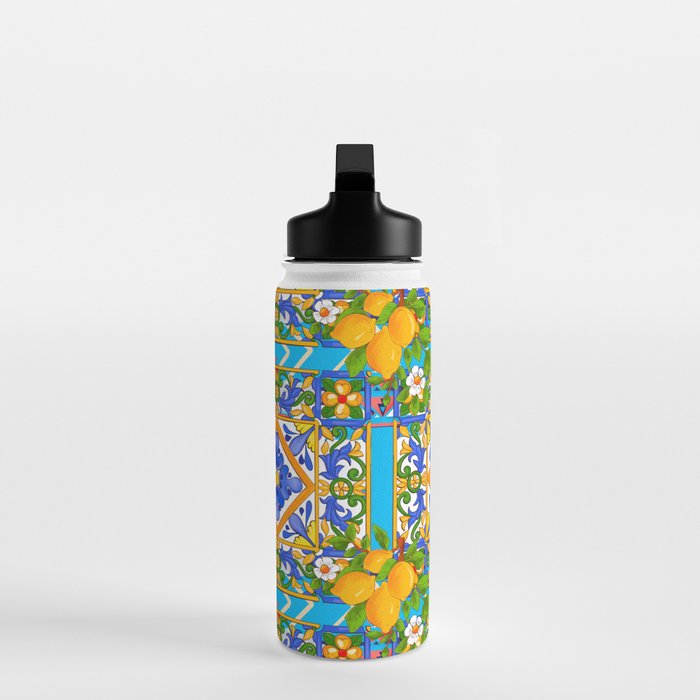 Summer ,Sicilian tiles ,citrus,lemons Mediterranean Pattern  Water Bottle Gallery Image 3
