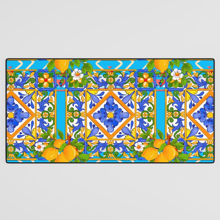 Summer ,Sicilian tiles ,citrus,lemons Mediterranean Pattern  Desk Mat Gallery Image 3