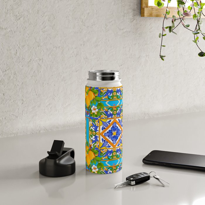 Summer ,Sicilian tiles ,citrus,lemons Mediterranean Pattern  Water Bottle Gallery Image 4