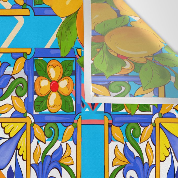 Summer ,Sicilian tiles ,citrus,lemons Mediterranean Pattern  Wall Tapestry Gallery Image 3