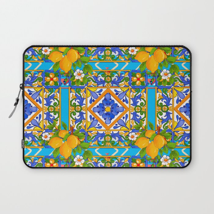 Summer ,Sicilian tiles ,citrus,lemons Mediterranean Pattern  Laptop Sleeve Gallery Image 1